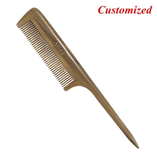 CCbeauty Personalized Custom Engraved- Rat Tail Hair Comb No Static Natural Wooden Green Sandalwood Comb Handmade Detangling Fine Tooth Hair Comb with Teasing Tail Handle