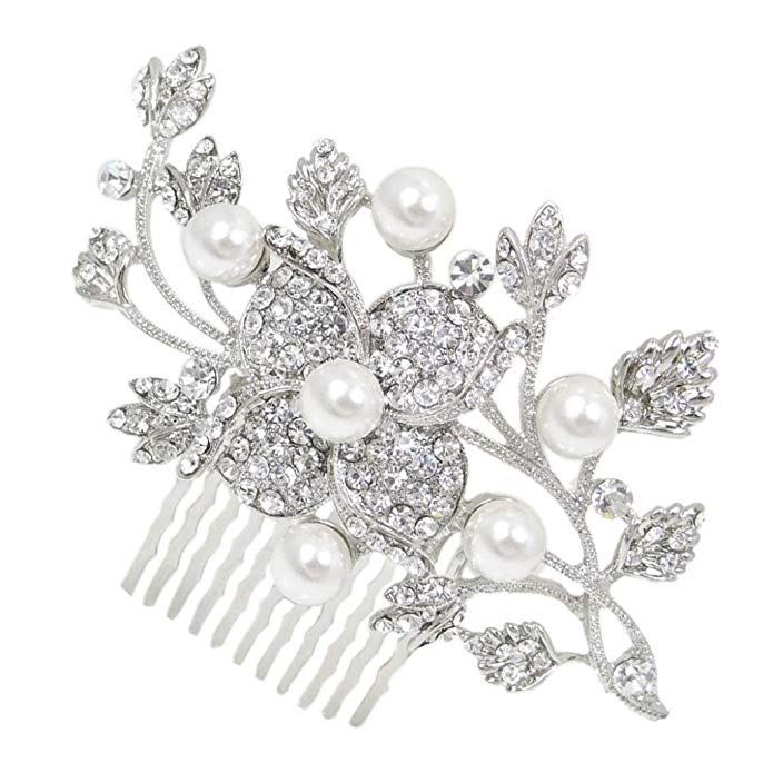 EVER FAITH Bridal Silver-Tone Orchid Flower Leaf Simulated Pearl Austrian Crystal Clear Hair Comb