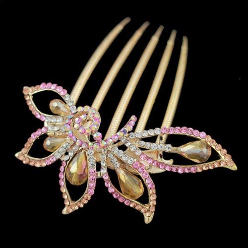 Gold Finish Champagne Rhinestone Butterfly French Twist Comb