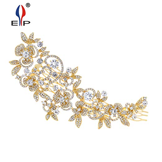 Sparkly Long Flower Hair Comb Rhinestone Hairpins Bridal Wedding Hair Accessories Jewelry Austrian Crystals Hair Clips FA5027 (Gold)