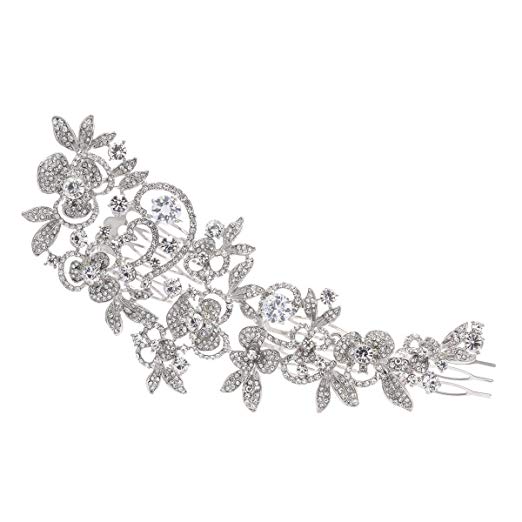 Sparkly Long Flower Hair Comb Rhinestone Hairpins Bridal Wedding Hair Accessories Jewelry Austrian Crystals Hair Clips FA5027 (Clear)