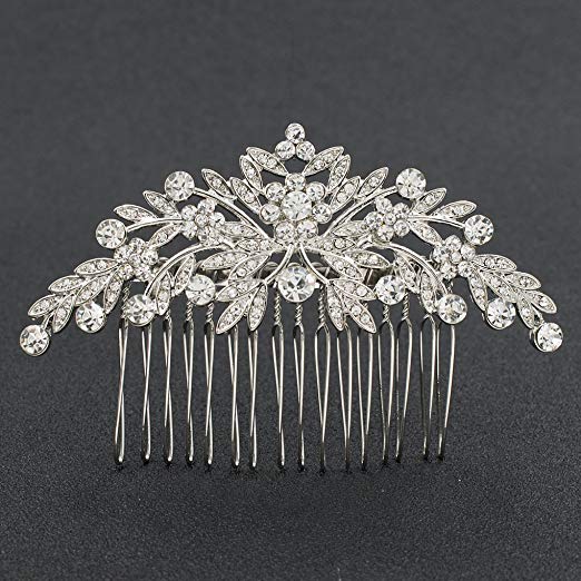 SEPBRDIALS Rhinestone Crystal Wedding Brides Leaves Hair Comb Pins Pieces Accessories Jewelry FA5088 (Silver)
