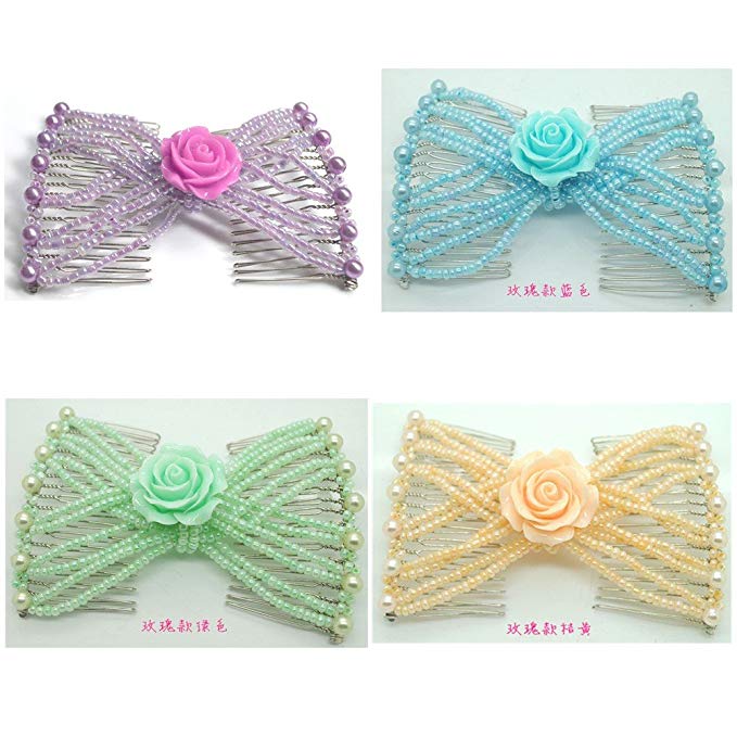 Casualfashion Pack of 4 Women Girls Rose Flower Double Clips Combs, Hand Beaded Ez Hair Styling Comb Gift
