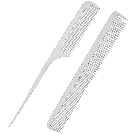 CCbeauty 2-Packs Metal Barber Comb Set Pack for Men & Women,Professional Hairdressing Salon Combs Hair cutting Tool Detangler Comb with Leather Bag (#2)