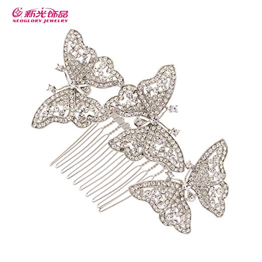 Rhinestone Crystal 3 Butterfly Hair pin Hair Comb Women Wedding Hair Jewelry Accessories 1469R