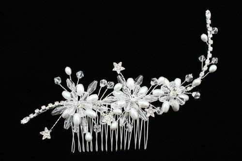 Handmade Crystal Pearl Star Burst Flower Bridal Wedding Hair Comb - Silver Plated FC042