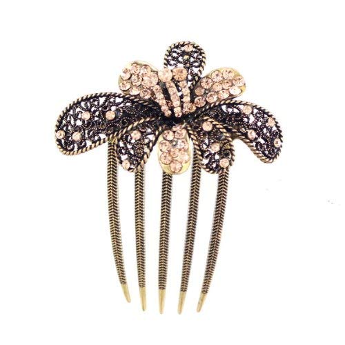 Antique Brass Rhinestone Blooming Flower French Twist Comb Champagne