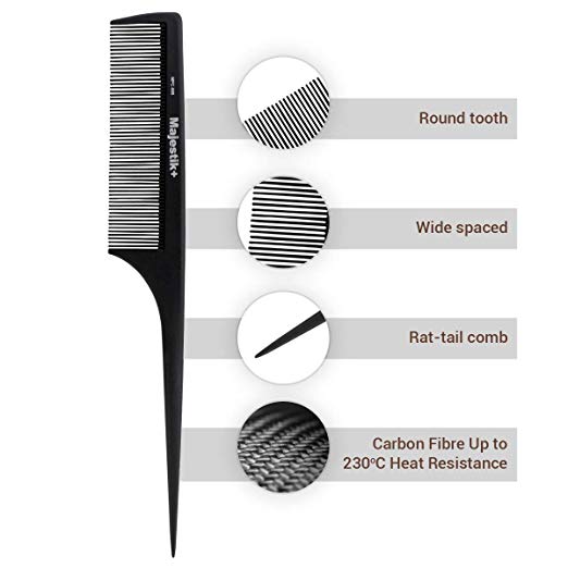 Majestik+ Hair Comb- A Professional Carbon Fibre Stanard Tail Pin Comb Strength & Durability, Fine Tooth, Black, With Bespoke PVC Product Pouch Rat Tail