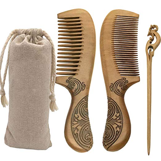 Peach Wood Hair Combs -Wide & Standard Tooth with Double-Sided Carved Hair Accessories -Anti-Static by nature -Ergonomic Handle Design Perfect for Men and Women's -Bonus a Wooden Hair Stick Pin
