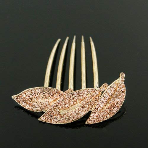 Gold Finish Champagne Rhinestone Leaves French Twist Up-do Comb