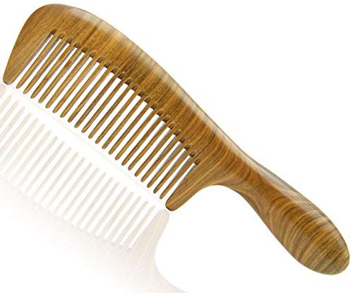 Handmade Premium Quality Whole Piece Seamless Natural Green Sandalwood Comb, Wooden Massage Hair Comb with Thick Round Handle 7.8