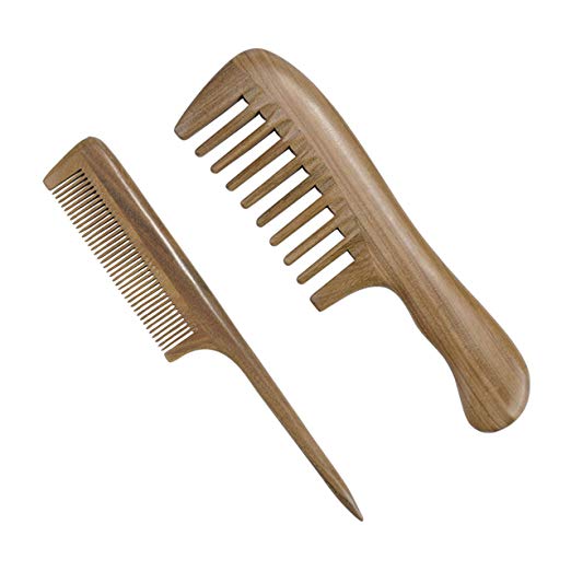 CCbeauty Natural Green Sandalwood Wood Comb No Static Wide Tooth Comb and Fine Tooth Rat Tail Comb Wooden Comb Set