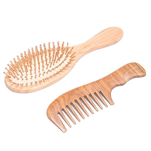 Bekith 2 Pack Green Sandalwood Hair Comb and Bamboo Hair Brush Set - Natural Detangling Comb and Pin Hair Comb with Gift Box